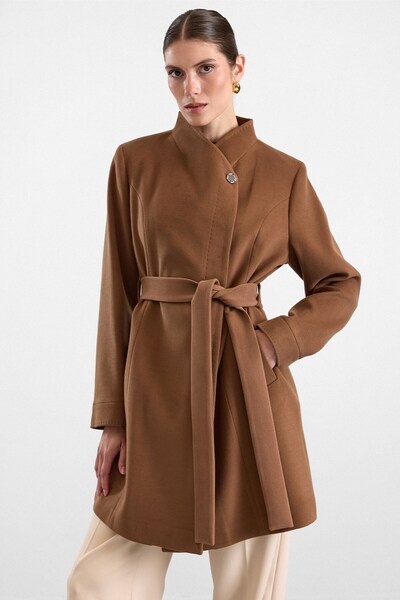Olcay Punto Detailed Large Size Coat Taba 3192
