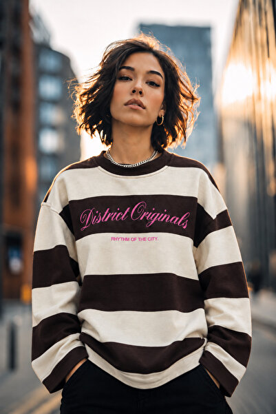 Mixray 2260 Kadın Retro Çizgili District Originals Baskı Sweatshirt Kahve