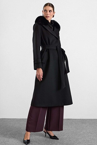 Olcay Premium Fabric Coat with Knit Stitching Detail and Detachable Fur Black...
