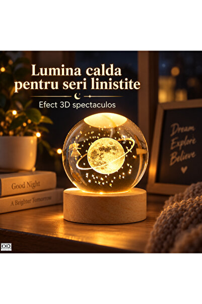 ORIGINAL DEALS Lampă decorativă LED cu bilă de cristal, Cer înstelat 3D, 6 cm, USB, Bază din lemn, Alb cald