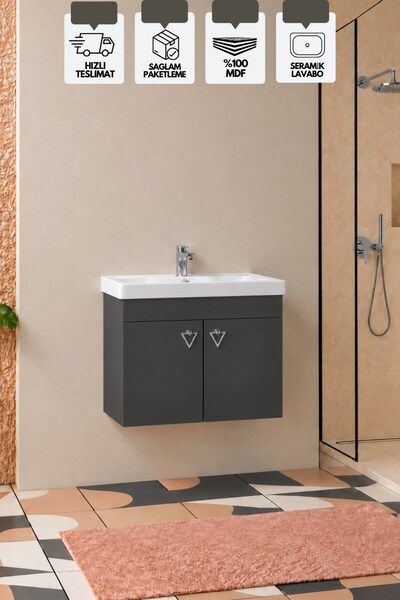 KAREN BANYO Kemer 60 Cm, Alt Banyo Dolabı, Lavabolu, Antrasit, Kapaklı Banyo ...