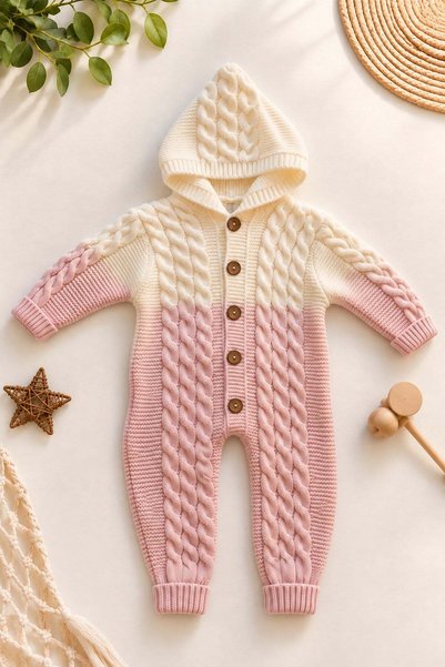 dinamik çocuk Hooded Baby Knitwear Jumpsuit with Color Transition Knitted Pat...
