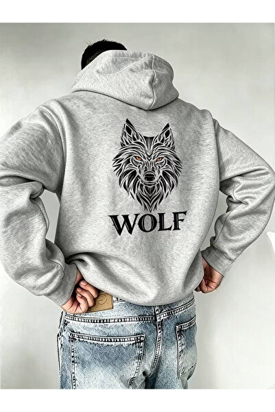one button Unisex Φούτερ με κουκούλα Wolf Kurt με στάμπα διπλής όψης, Premium...