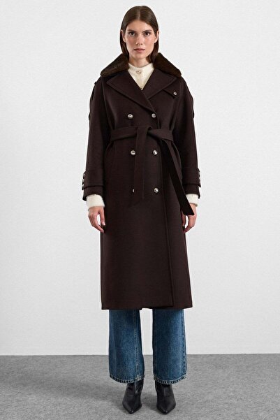 Olcay Removable Fur Metal Button Detailed Premium Fabric Coat Aci Brown 3197