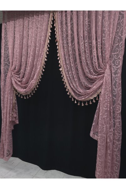 Art Perde Dusty Rose Tasseled Gathered 2-Wing Background Curtain with Ivy Pattern and Tight Pleats