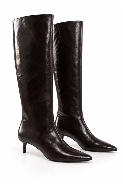 Raneel Kazançlı Alışveriş Women's Thin Heeled Pointed Toe Leather Boots Brown