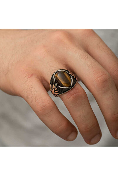 BlackCraft Silver Tiger's Eye Stone Embellished Men's Ring