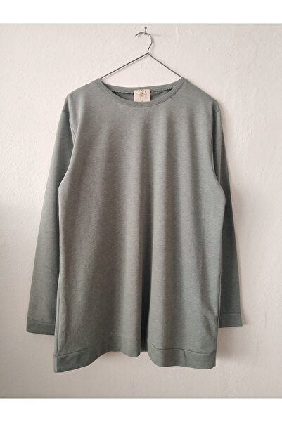 Kol ve beden boyu uzun bisiklet yaka griyeşil melanj salaş oversize sweatshirt