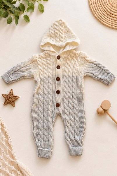 dinamik çocuk Hooded baby knit jumpsuit with color transition knit pattern an...