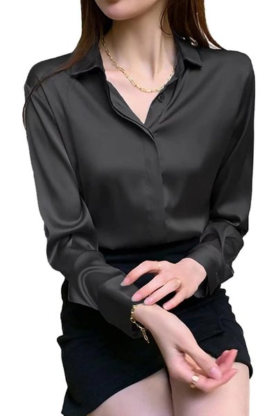 SYOSI قميص نسائي بأزرار أمامية، بلوزة عمل من الساتان بأكمام طويلة وياقة، تصمي...