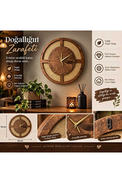 Nixar Desing Ahşap Duvar Saati Dekoratif Hasır Jüt Detaylı Rustik Vintage Saat | Sessiz Akar Mekanizma