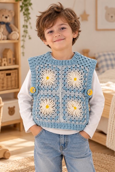 Awesomecrochet Boy's Hand Knitted Sweater Blue Gray Daisy Motif Cotton Granny...