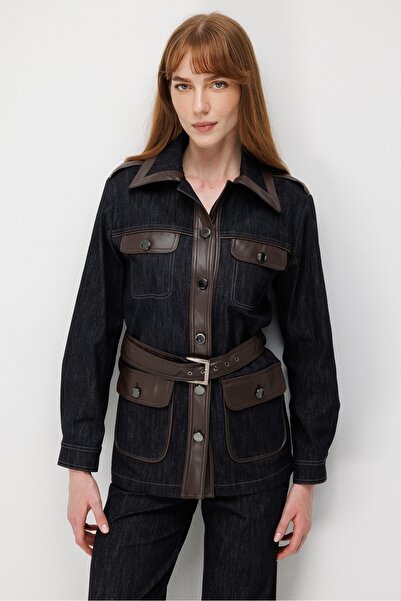 Moda İlgi Modailgi Deri Garnili Beli Kemerli Denim Ceket - 40120 Siyah