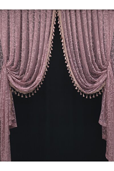 Art Perde Dusty Rose Tasseled Gathered 2-Wing Background Curtain with Ivy Pattern and Tight Pleats