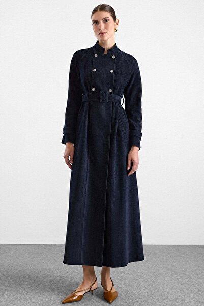 Olcay Snap Detailed Raglan Sleeve Double Breasted Overcoat Dark Blue 6912
