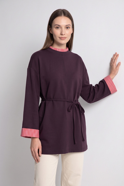 zenne Collared Sleeve Striped Lace-Up Tunic 1722 - Mürdüm