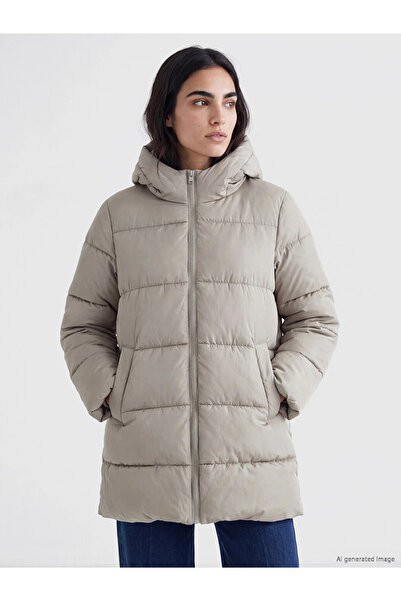 LC Waikiki Khaki Hooded Women's Puffer Coat