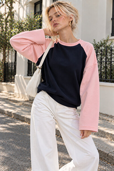 Rich Kadın Pembe Lacivert Reglan Kol Pamuklu Oversize Sweatshirt