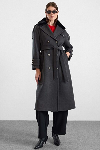 Olcay Removable Fur Metal Button Detailed Premium Fabric Coat Anthracite 3197