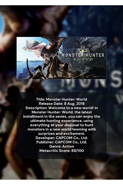 OEM Плакат Инфографика Monster Hunter World, Игра от жанрите RPG и Екшън, Пре...