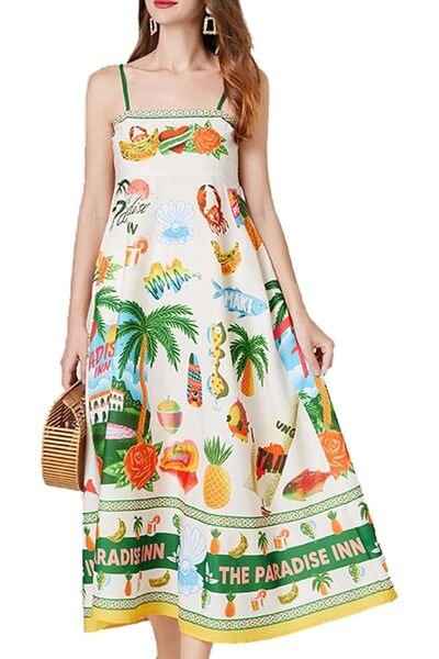 GENERAL ABINGOO Women Graffiti Printed Maxi Cami Dress Square Neck Sleeveless...