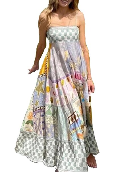 GENERAL ABINGOO Women Graffiti Printed Maxi Cami Dress Square Neck Sleeveless...