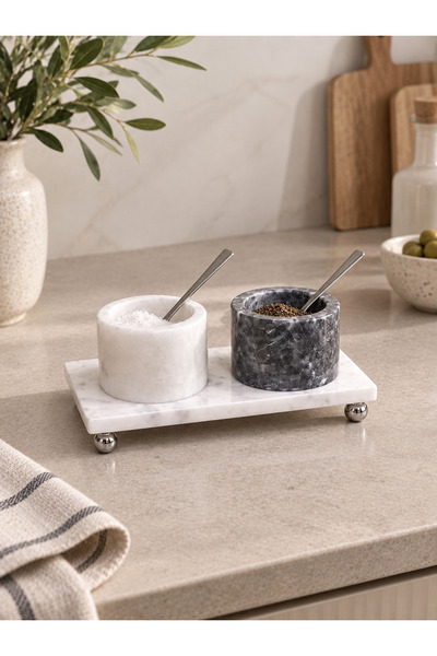 Onedekor Marble Duo Mermer Baharatlık Seti - Beyaz & Antrasit