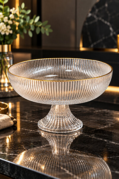 Karçiçeği Home Ayaklı Cam Meyvelik 24 cm Gold Yaldızlı Çizgili Dekoratif Sunum Kasesi