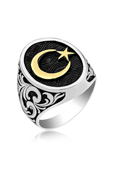 BlackCraft Silver Side Patterned Moon Star Men's Ring