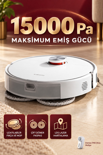 S40 Pro 15000 Pa Robot Süpürge Uzatılabilir Mop Kollu Çift Döner Moplu Lazer Navigasyonlu Beyaz + Tiftik Cihazı(Onerous)