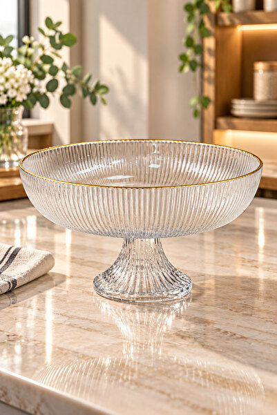 Karçiçeği Home Ayaklı Cam Meyvelik 24 cm Gold Yaldızlı Çizgili Dekoratif Sunum Kasesi