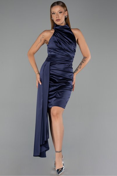 Abiyefon Lacivert Halter Yaka Kısa Saten Gece Elbisesi ABK2674