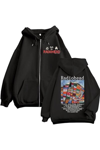 Vordevia Radiohead Printed 3 Thread Zippered Cardigan Oversized with Embroidery