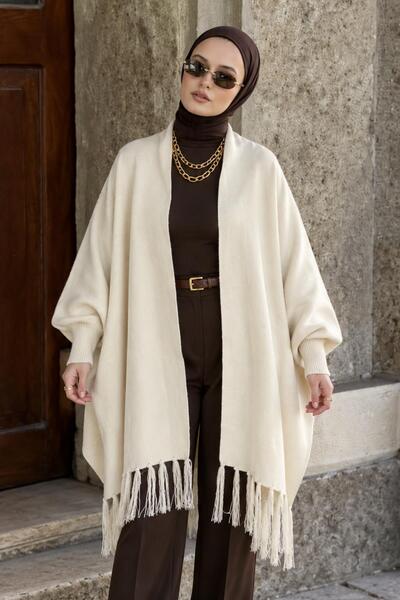 AFVENTE Liva Kadın Püsküllü Oversize Triko Panço Ekru
