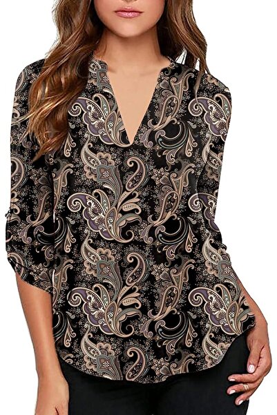 GENERAL roswear Women's Business Casual V Neck Cuffed Sleeves Work Blouse Top