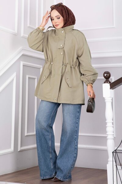 EBRUTESETTÜR Zippered, Adjustable Waist Short Trench Coat Green Olive