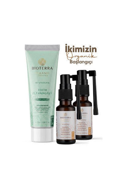 Bioterra Organik Ağız Bakım Seti - Florürsüz Hidroksiapatitli Diş Macunu 75 gr + 2 Adet Propolisli Ağız Spreyi 20 ml | Teeth Cleaning Gel & Mouth Spray
