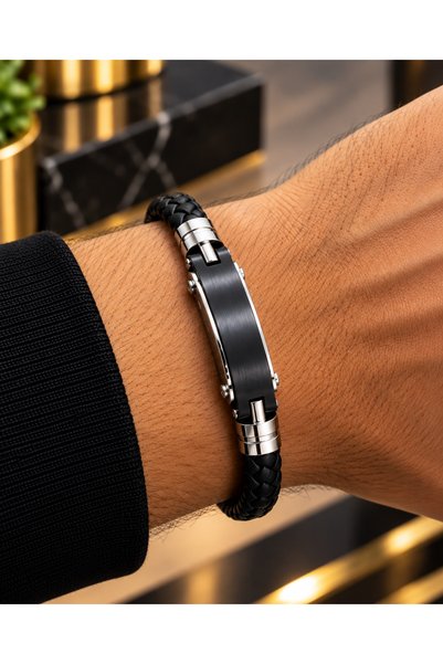 Satürn Silver Kuyumculuk Erkek Örgü Deri Bileklik – Çelik Plakalı Şık Bileklik