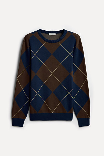 Mudo Men's Brown Diamond Patterned Crew Neck Sweater