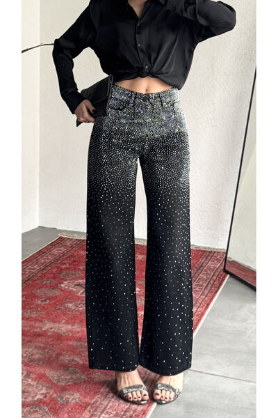 harmony factory Kadın Siyah Yüksek Bel Taş Detaylı Wide Leg Geniş Paça Jean Pantolon