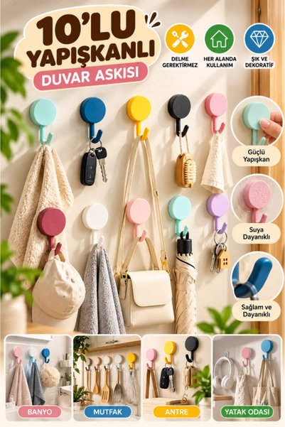 TUMU LIFE 10 Adet Kendinden Yapışkanlı Askı Seti Plastik Çok Renkli Dekoratif...