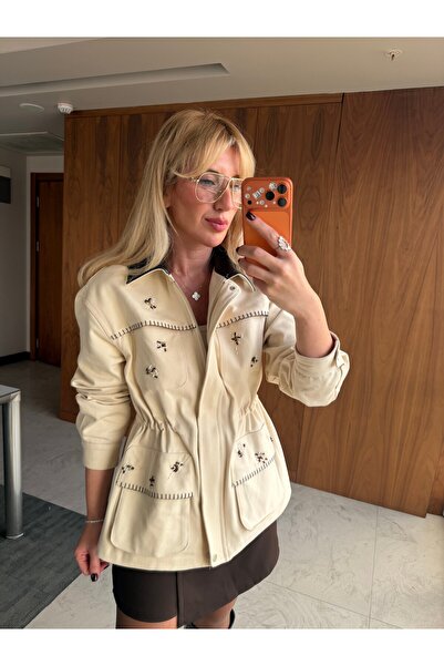 begum mayda Orijinal Model Taş İşlemeli Deri Yakalı Premium Gabardin Ceket