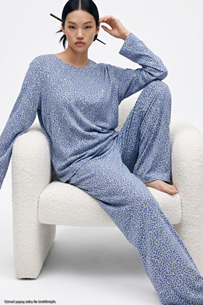 Siyah İnci Mavi Leopar Baskılı Örme Pijama Takım 8078