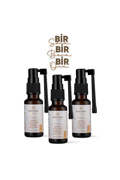 Bioterra Organik Ağız Bakım Spreyi 3'lü Set - Bir Sana Bir Bana Bir Ona Propolis, Kekik, Karanfil ve Naneli Ferahlatıcı Sprey 3x20 ml | Propolis Mouth Spray