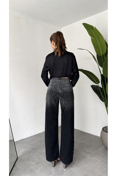 harmony factory Kadın Siyah Yüksek Bel Taş Detaylı Wide Leg Geniş Paça Jean Pantolon