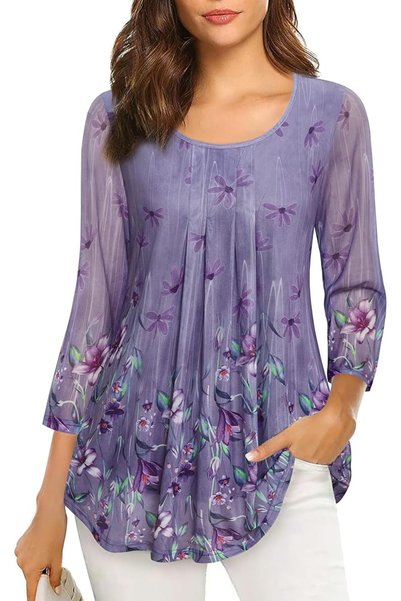 GENERAL VALOLIA Women's 3/4 Sleeve Tunic Tops Casual Loose Fit Floral Blouses...