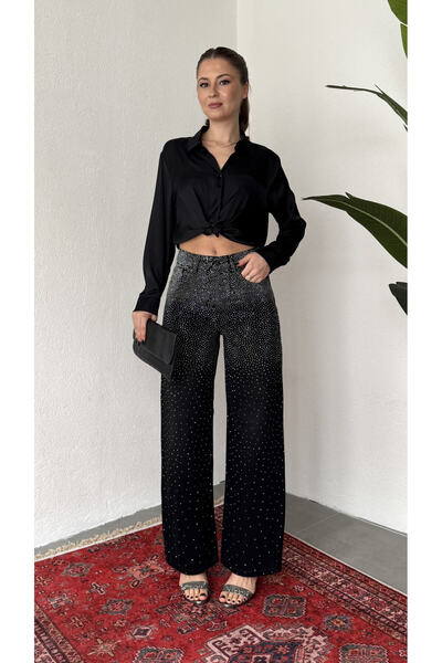 harmony factory Kadın Siyah Yüksek Bel Taş Detaylı Wide Leg Geniş Paça Jean Pantolon