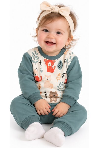 İrem Çocuk Giyim Cute Animals Themed Green Color Tracksuit Set for Baby Boy/Baby Girl with Snap Closure on the Shoulder