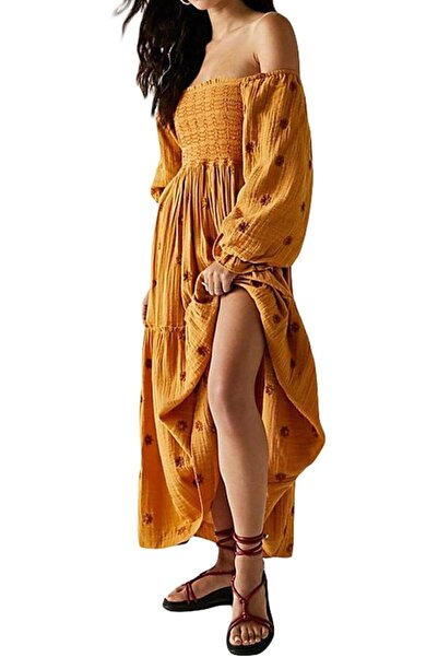 GENERAL ABYOVRT Women Floral Embroidered Maxi Dress Long Puff Sleeve Square N...