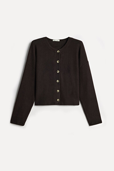Mudo Women's Brown Crew Neck Cardigan